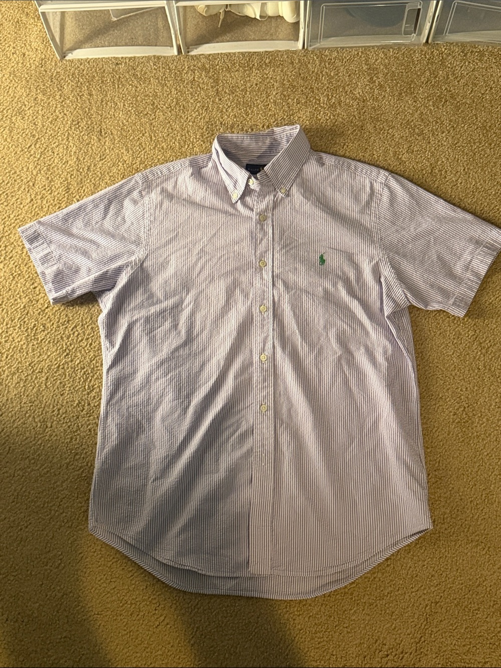 Ralph Lauren Short-Sleeve seersucker button down. Purple striped